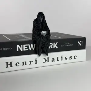 Halloween 3D Printed Gothic Decoration Seated Ghost and Tea Cup Skeleton Holding Cup Halloween Horror Decor Black Resin Figurine for Collectors Desktop Decorations