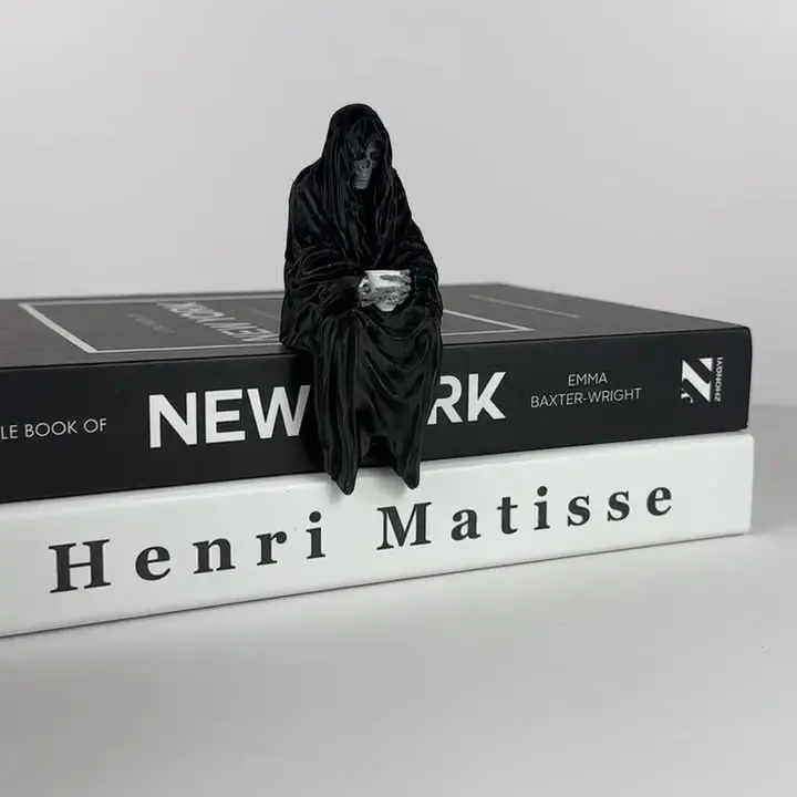3D Printed Gothic Halloween Figurine Set of 2 - Durable Matte Black Resin Creepy Cute Seated Ghost, Tea Cup-Holding Skeleton, Detail-Rich Fadesafe Finish Shelf Decor, Fits Crowded Desks Collectible Gift with Box