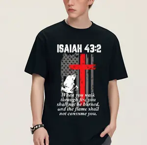 Women's Distressed Isaiah 43:2 Firefighter Cross American Flag Cotton T-Shirt, Round Neck Short-Sleeve Casual Streetwear Tops, Whimsical Vintage Graphic Crewneck Tee