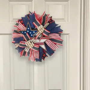 Patriotic Wreath Independence Day Wreath for Front Door, 13.77inch Window Wall Patio Decoration Memorial Day Americana Wreath with Red White and Blue American Flag Wreath