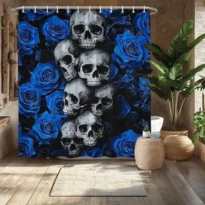 Gothic Style Spooky Skull and Blue Rose Shower Curtain, Waterproof, Wear-resistant, Easy To Wash, Machine Washable, Multi-size Selection, Perfect for Bathroom Decoration, Partitions, Beautification Space, Shower Curtain Hooks
