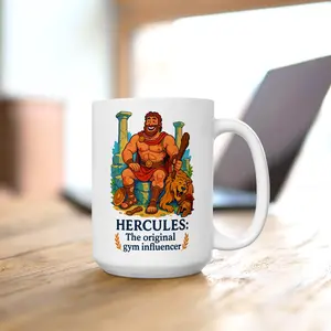 Greek Mythology Hercules Coffee Mug - Fitness Hero Ceramic Cup with Handle BPA-Free Microwave & Dishwasher Safe 15oz Capacity