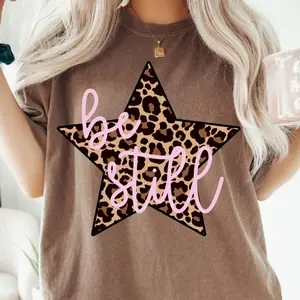 Be Still Leopard Print Shirt, Everyday Christian Shirt, Trendy Jesus Apparel, Religious tee, Star, Cursive Font