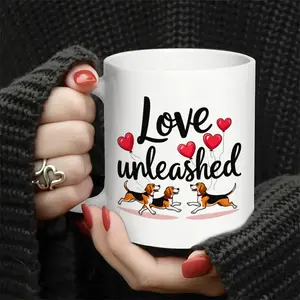 1pc Beagle Lovers Ceramic Mug with "Love Unleashed" Design - Heart Balloons & Beagle Couple,Ideal Wedding/Anniversary/Christmas Gift for Dog Owners, Wives & Girlfriends, Hand Wash Only, Clear Glossy Finish for Daily Use
