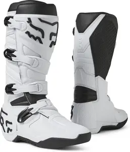 Fox Racing Comp Unisex Adult Motocross Boots White Microfiber Leather Upper Adjustable Buckle Closure TPU Shin Plate Air Mesh Lining POSITAC Outsole