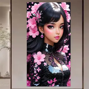 1 set of DIY diamond painting kit, 5D diamond art kit, DIY decoration black long hair, pink flowers, shiny clothes. Mosaic, diamond art, DIY art home decor. Wall Art Painting