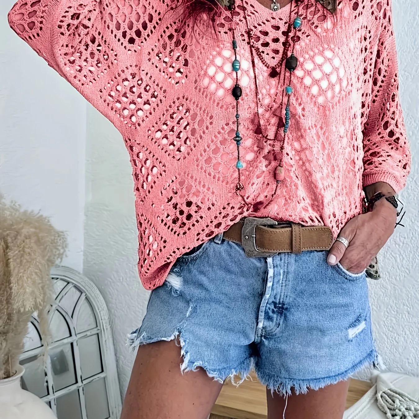 Women's Bohemian-Style Beige Crochet Top | New Spring/Summer Arrival: V-Neck, Openwork Diamond Pattern, Batwing Sleeve Knit Cover-Up (Loose Fit)
