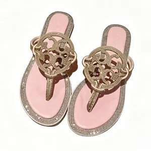 Sparkly Rhinestone Flip Flops for Women Pink Gold Glitter Thong Sandals Comfortable Flat Summer Beach Shoes Dressy Casual Slides with Hollow Out Design Vacation Footwear