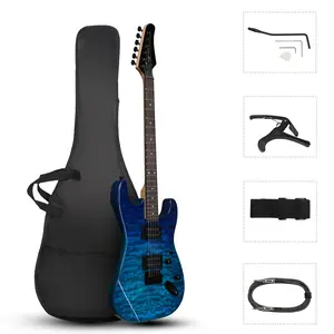 39in Trans Blue Electric Guitar Full Kit with H-H Pickups C-Shaped Maple Neck Rosewood Fretboard Matte Finish for Heavy Rock Metal Includes Accessories