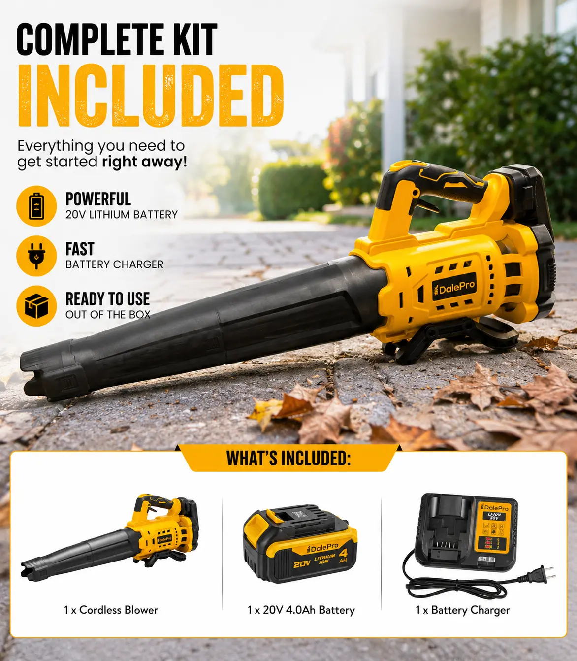 Cordless Leaf Blower, DeWalt 20V Battery Compatible, Includes 4.0Ah Battery & Charger, 700 cu m/h High Air Flow Power Blower