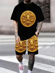 Medusa Pattern Short Sleeve Matching Shorts Set, Outdoor Casual Trendy Men's Clothing, Fashion Versatile Couple, Summer Must-Have