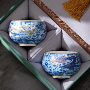 A08. Blue and White Dragon Phoenix Ceramic Tea Cup Set – Light Luxury Gift Box, Pair of Tea Cups
