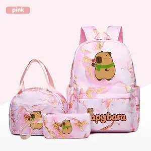 3pc Cracked Design Backpack Set, Cute Cartoon Capybara Theme, Multiple Colors, Durable Material, Computer Compartment, Lunch Bag & Pencil Case