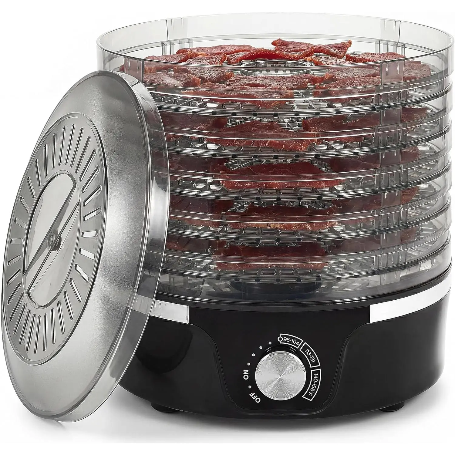 Black Compact Food Dehydrator with 5 Expandable 11.4" BPA-Free Trays, Base-Mounted Fan, 120V Plug, 350W Adjustable Temp Control, Even Heat for Jerky, Healthy Snacks, 5 Expandable Trays
