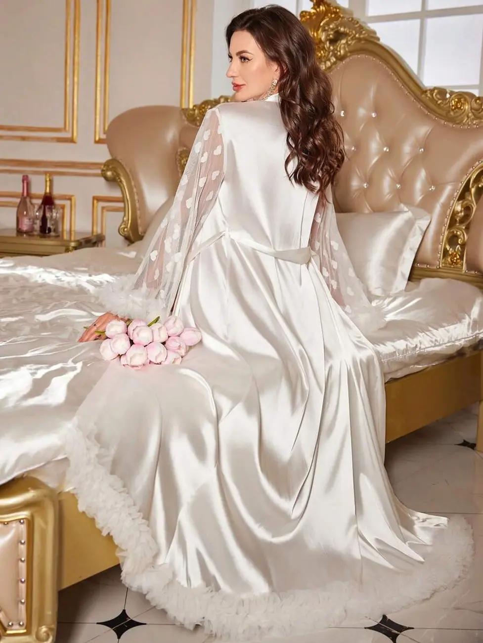 3D Floral Decor Extra Long Luxurious Faux Silk Contrast Mesh Sleeve Robe