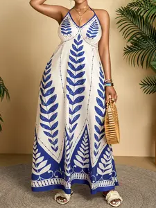 Sexy Geometric Print Backless Casual Dress, Loose-Fitting Thin Lightweight Woven Fabric, All-Season Women's Fashion, Plus Size Available, Womenswear, Casual Wear, Aesthetic