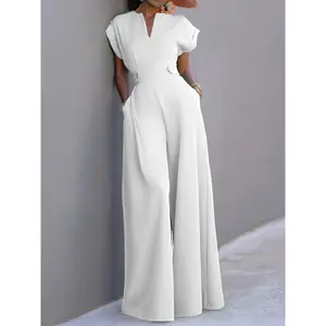 Elegant Solid Color Wide Leg Jumpsuit for Women - Chic V-Neck, Short Cap Sleeves, Button Detail, High Waist, Flowy Silhouette - Perfect for Spring/Summer - Available in White, Green, Black - Sizes S to 2XL