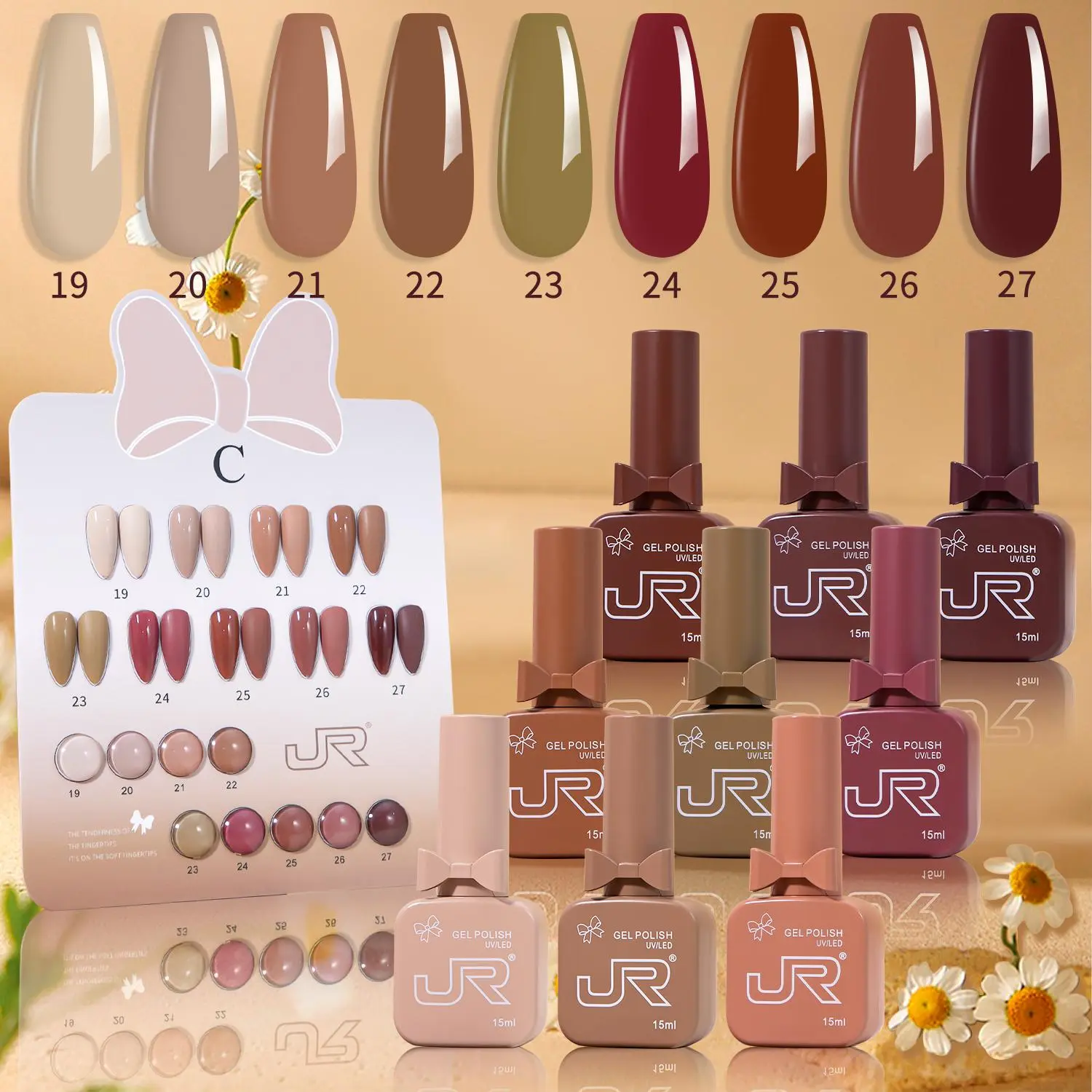 JR HEMA-Free Gel Nail Polish Set, 9x15ml Hypoallergenic Soak-Off Bottles for Adults - Summer Macaron UV LED Colors, Chip Resistant, Enhances Shine, Glossy Finish, Easy Nail Art, Manicure at Home