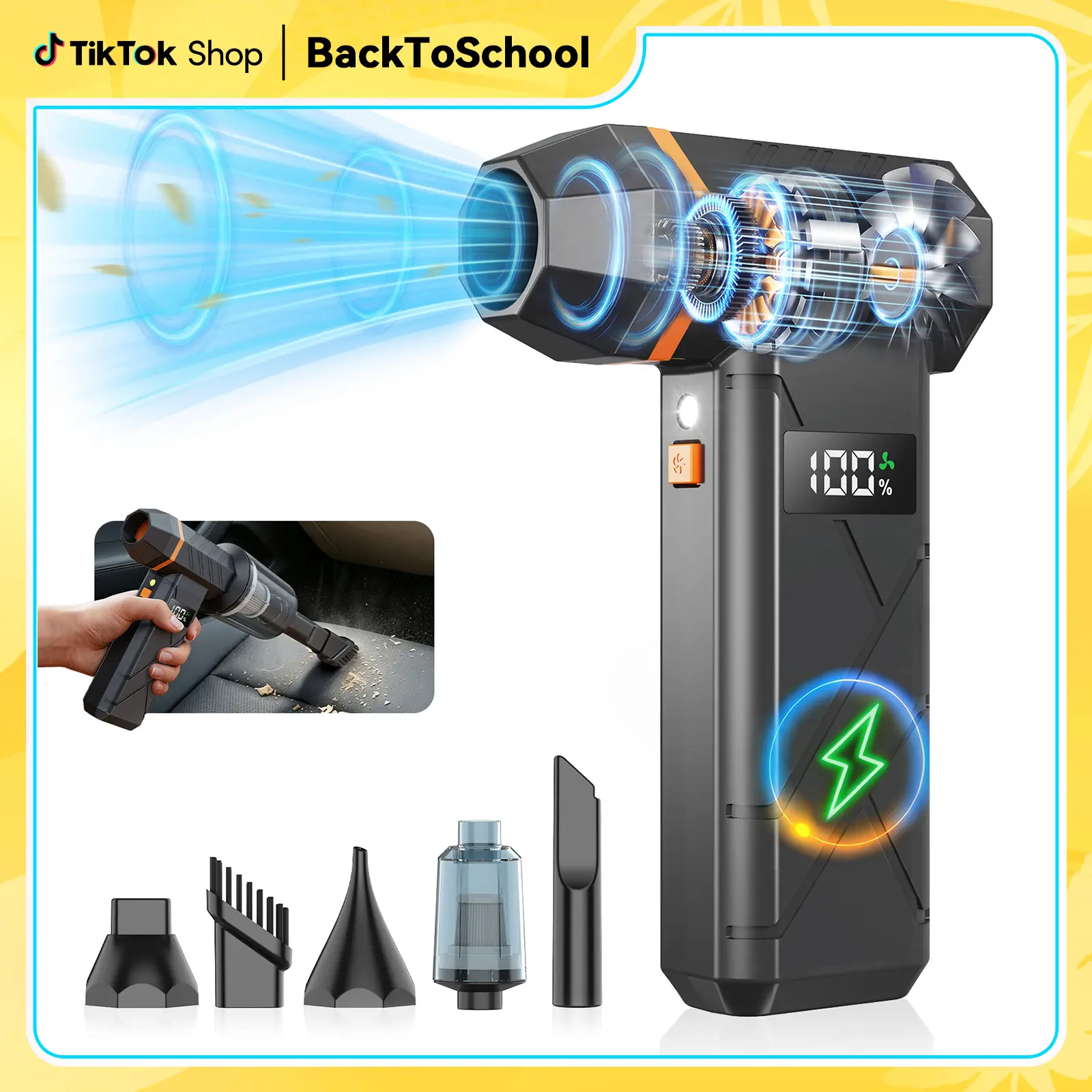 Electric Air Duster 2-in-1 Blower & Vacuum Cleaner, 4-Speed Cordless Portable Compressed Air Blower with LED, Turbo Jet Fan With Multi-Nozzles for Car Drying After Wash, Car Interior, PC, Keyboard, Home, Office & Outdoor Cleaning tiktokshopbacktoschool