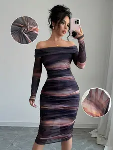 Women's High Elasticity Knitted Mesh Gradient Color Print Top, Sleeveless Slim Fit Layered Design, Fashionable Women's Clothing Dress, Casual Chic Fitted Wear