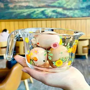 BPA Free Floral Glass Measuring Cup with Lid Reusable Heatproof Microwaveable Oval Handle & Markings Ideal for Baking Cooking Daily Milk Cold Hot Beverages