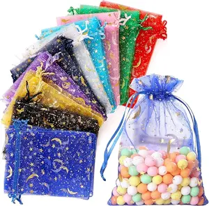 100 Pieces Moon Star Organza Bags, Mixed Color 4x4.72(10X12CM) Satin Drawstring Organza Pouch Wedding Party Favor Gift Bag Jewelry Watch Bags