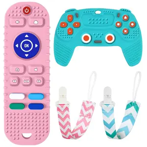 2PCS Silicone Baby Teething Toys, Remote Control Shape Teething Toys and Game Controller Teether Toy with 2PCS Pacifier Clip, BPA Free Silicone Remote Teether for Baby 3+ Months Frozen( Blue Pink)