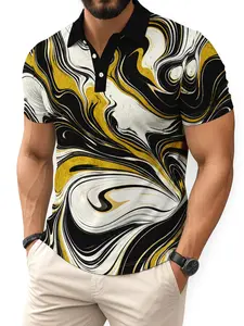 Men's Gold Foil Marble Print Polo Shirt, Luxury Marble Swirl Design Casual Fitted Tee, Stylish Graphic Men's Clothing