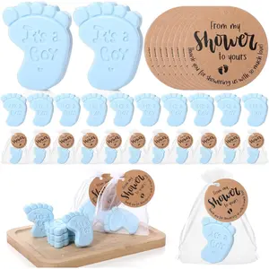 50 Sets Baby Shower Soap Favors for Guests Boy Girl Mini Handmade Scented Soaps with Thank You Tags and Organza Bags for Shower Gender Reveal Party Favors(Blue Footprint, It's A Boy)