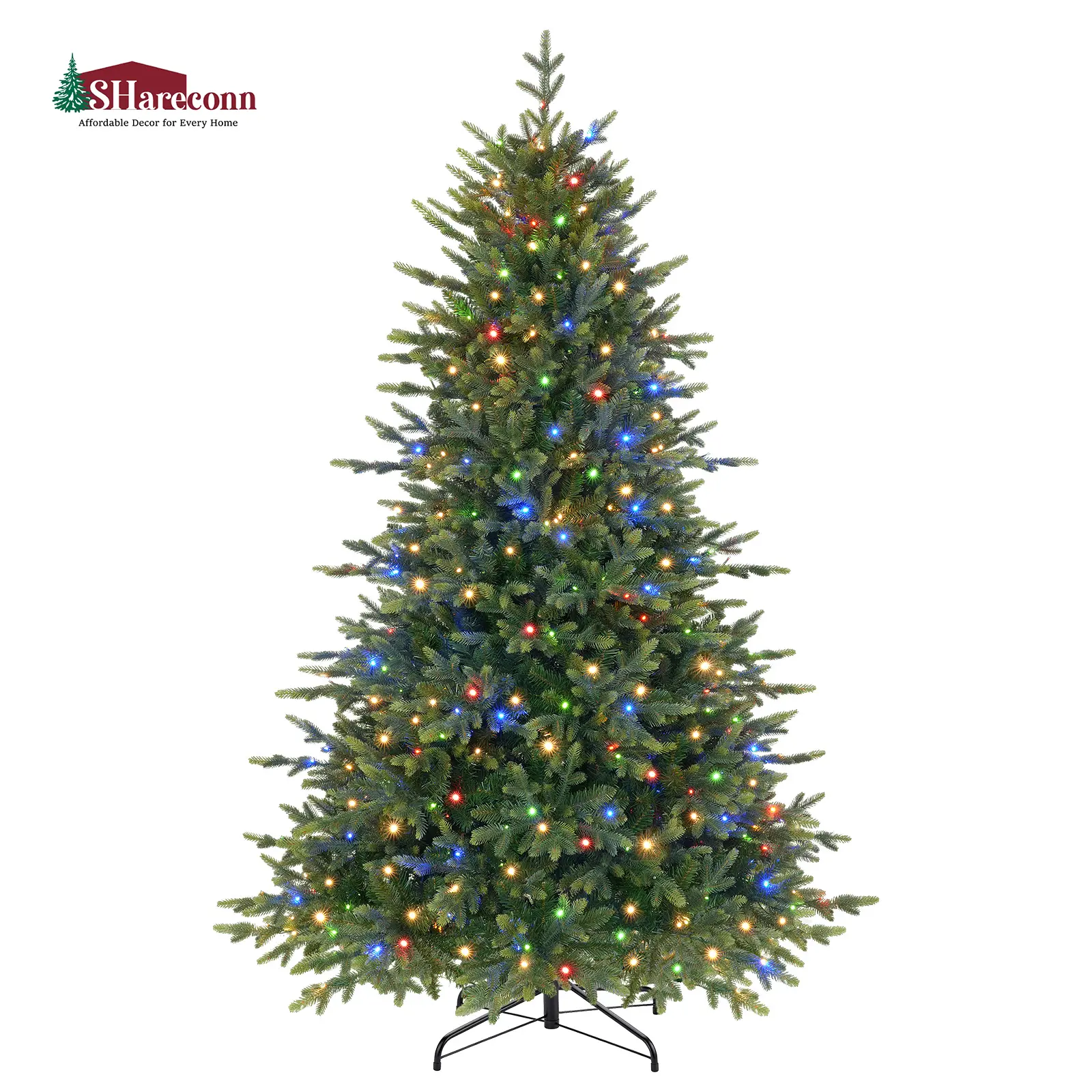 【Flash Bulb】SHareconn 5.5/6.5/7/7.5/8/9FT PE+PVC Green Branch Tips Prelit Hinged Christmas Tree with Remote Control, Deluxe Hinged Design, Ideal Xmas Decoration