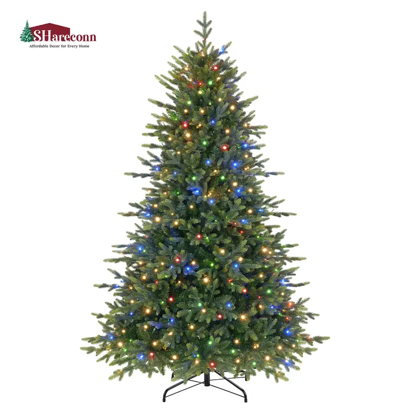 【Stars Twinkling 】SHareconn 5.5/6.5/7/7.5/8/9FT PE+PVC Green Branch Tips Prelit Hinged Christmas Tree with Remote Control, Deluxe Hinged Design, Ideal Xmas Decoration