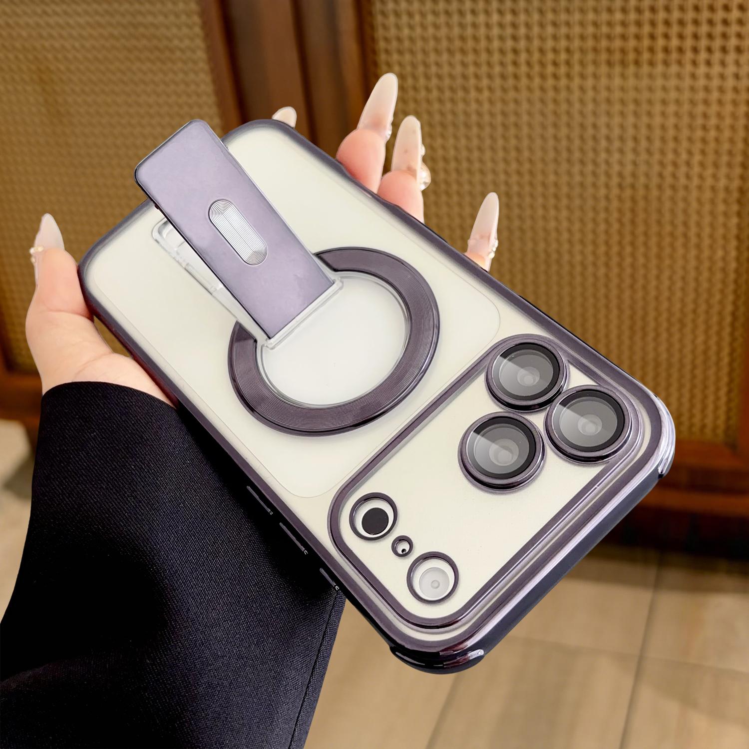 Magnetic Electroplated Clear Case for iPhone 17 Pro Max/17 AIR 16 Pro 15 14 plus 13,Built-in Invisible Kickstand & Camera Lens Protector,Shockproof Protection Transparent Durable Phone Cover