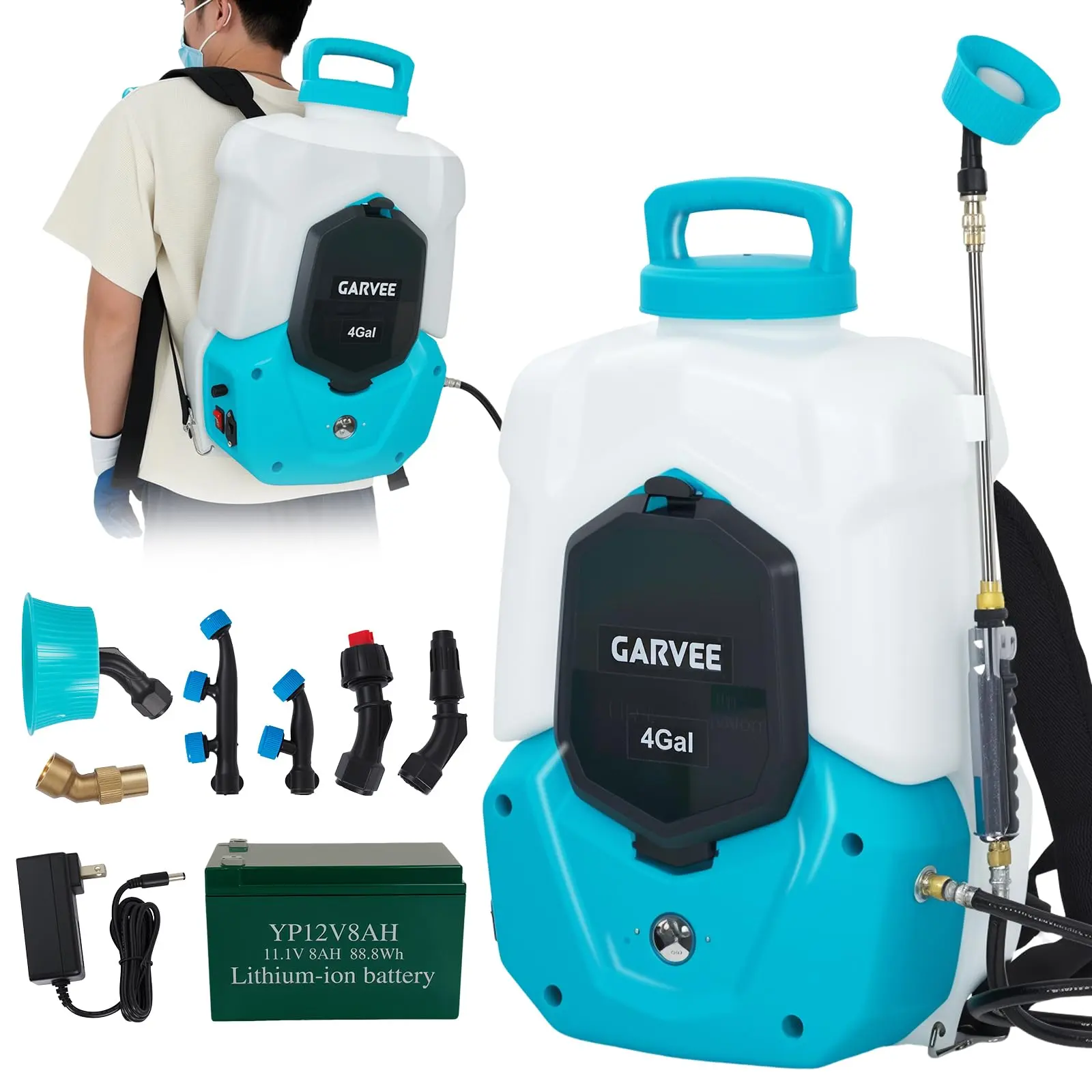 Garvee18V Battery Powered Lawn Sprayer – 10.5 Gallon with Wheeled Cart – 80PSI Adjustable Pressure, 4-6 Hour Runtime – 6 Nozzles & 2 Wands, Trigger Lock – Electric Yard Sprayer