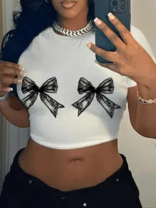Women's Bow Print Round Neck Crop Tee, Casual Short Sleeve Stretchy Crew Neck Skinny T-Shirt for Daily Wear, Ladies Clothes for All Seasons, Top