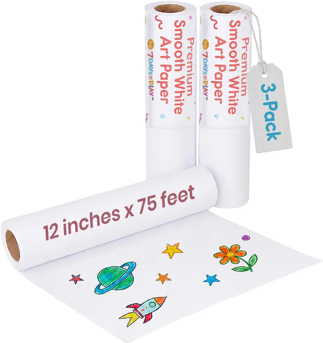 Art Paper Roll Refills - 3-Pack 12"x75ft Smooth White Drawing Paper - Replacement for Kids’ Tables, Easels & Craft Stations - Educational Arts & Crafts Supplies