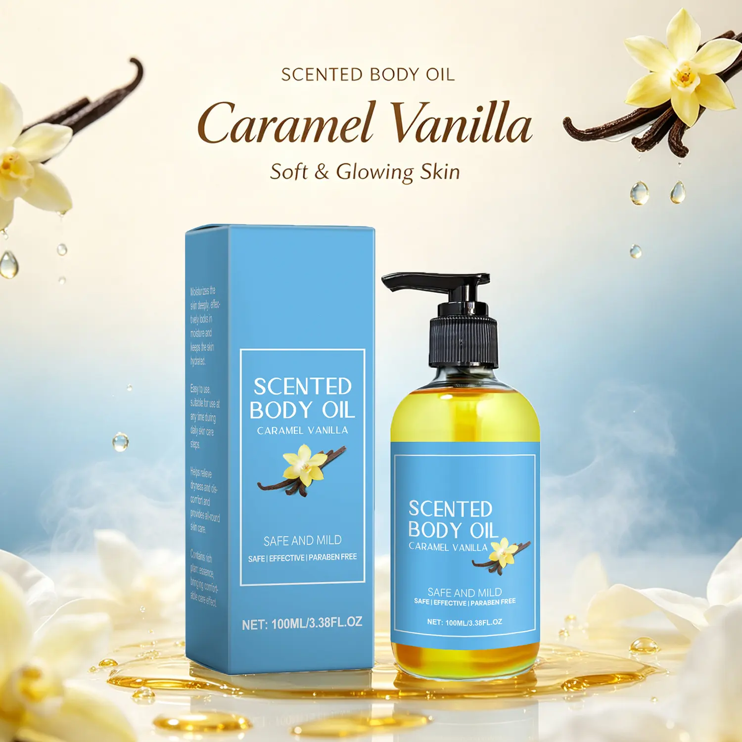 Caramel Vanilla Fragranced Body Oil with Shea Butter 100ml Lightweight Scented Body Moisturizer for Soft Smooth Skin Daily Full Body Hydration and Body Care