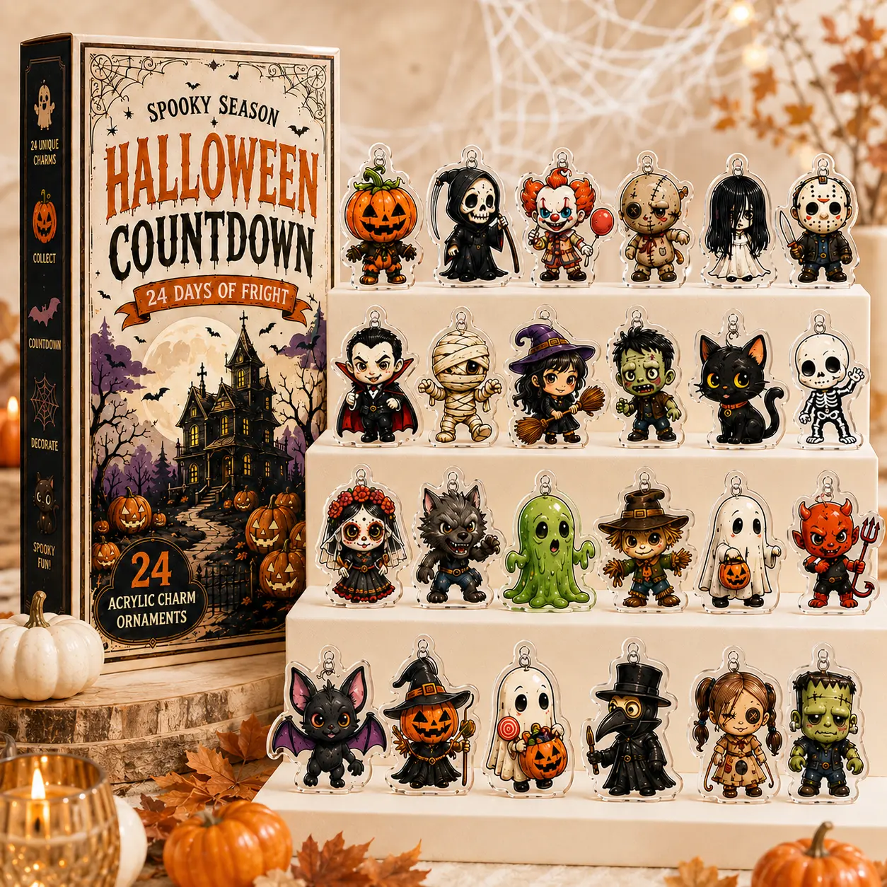 2026 Spooky Season Halloween Advent Calendar, 24 Acrylic Charm Ornaments, Horror Characters Countdown Box Collectible Gift