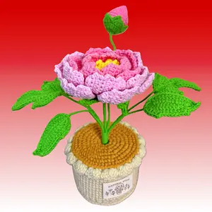 Handmade Crochet Peony Gift Present - Yellow Flower in Brown Pot with Green Leaves, Elegant Knitted Roses, Artificial Outdoor Plants, 8 Inch Tall, 6 Inch Wide, Unique Craft