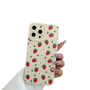 Strawberry Pattern Solid Color Frosted TPU Lens Protection Phone Case, For Iphone15ProMax  Durable Handheld