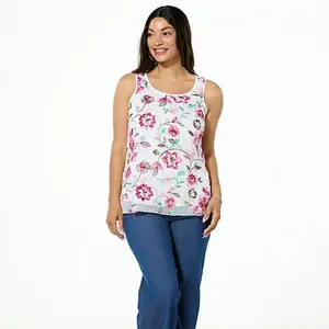 Nina Leonard Embroidered Chiffon Scoop-Neck Tank