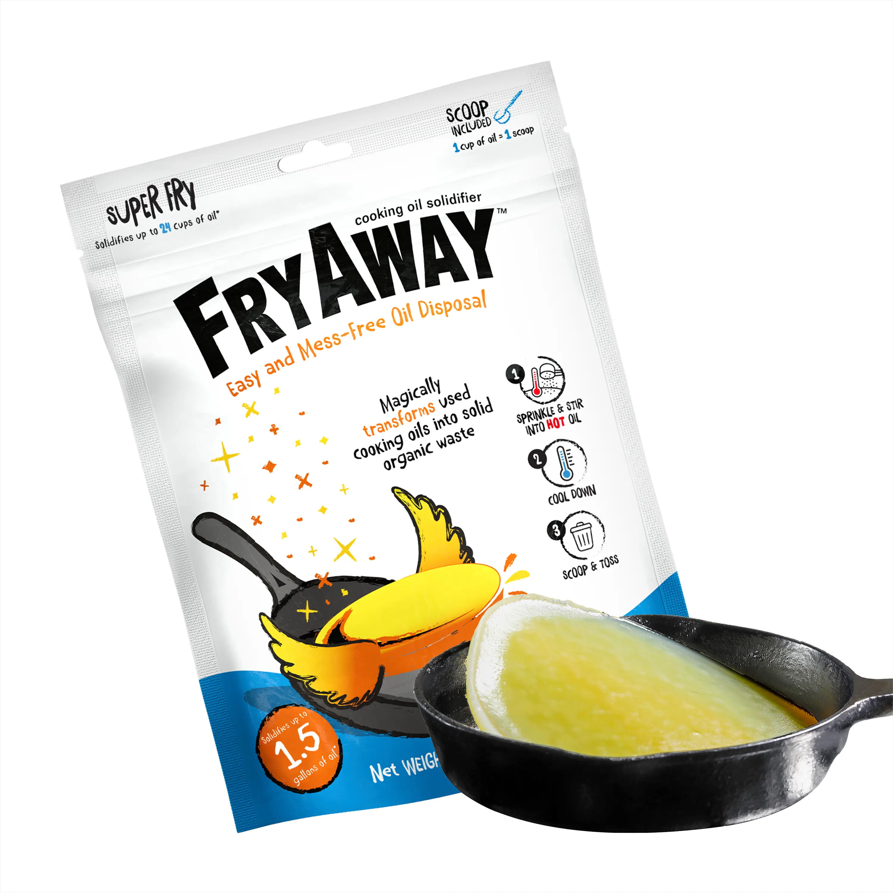 FryAway Super Fry Cooking Oil Solidifier, As Seen on Shark Tank, Solidifies 24 Cups of Oil - Plant-Based Powder, Fry Oil Away for Mess-Free Cleanup an
