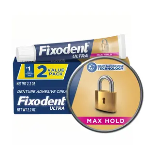 Fixodent Ultra Max Hold Denture Adhesive Cream, 2.2 oz (2-Pack), Strong False Teeth Glue