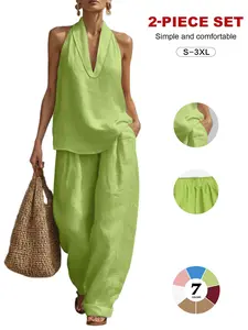 Women's Halter V-Neck & Flowy High Waist Trousers Lounge Set - Trendy Travel & Home Outfit, Chic Urban Casual Ensemble, Loungewear, Womenswear