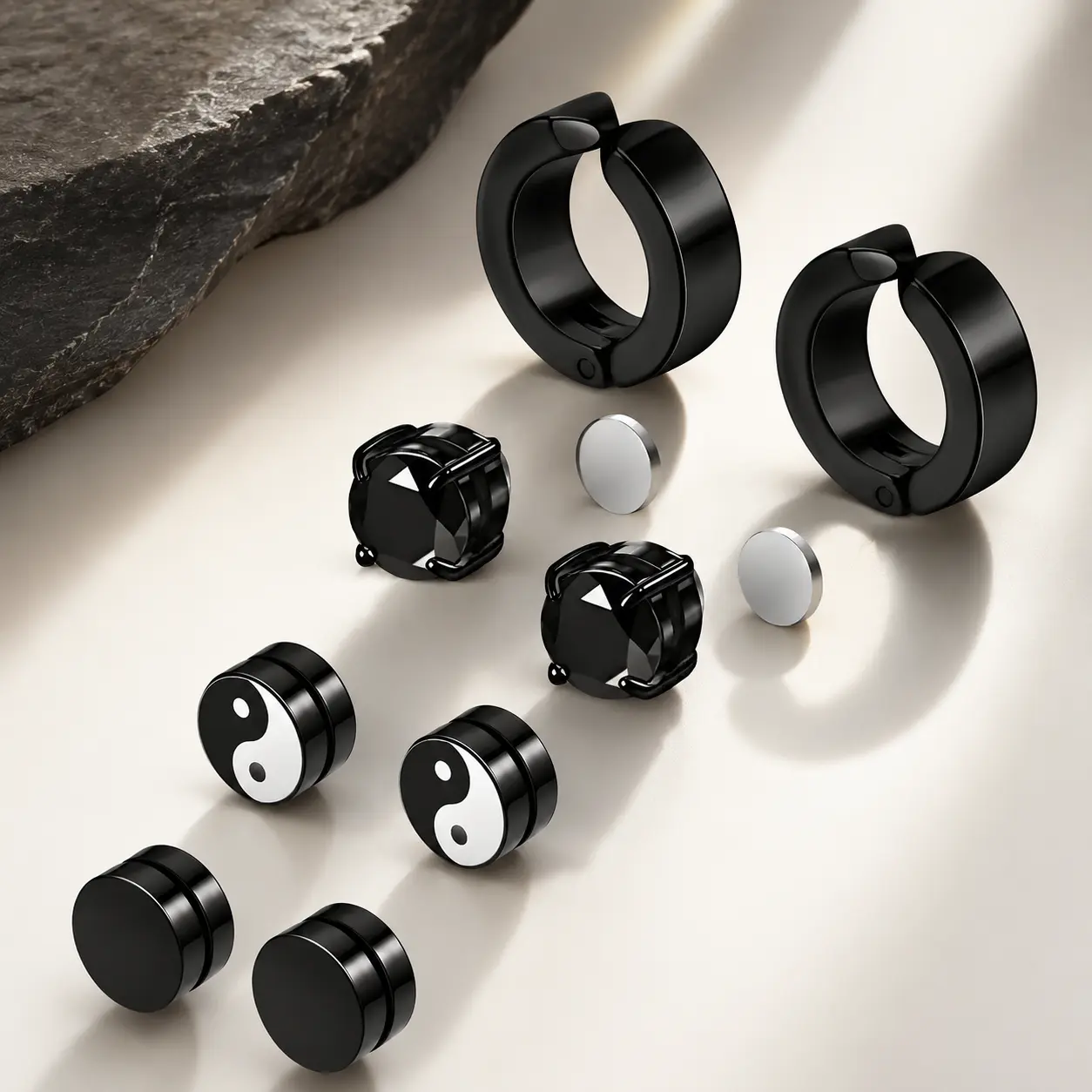 4 PCS Hypoallergenic Men's Non-Piercing Magnetic Earrings - Black Stainless Steel Faux Studs, Cool Minimalist Style, Unisex Set, 4 Styles to Mix, Gift-Ready Bag, Suitable for Daily Wear, Ideal Birthday Gift for Coworkers