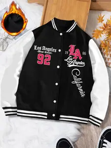 Women's Casual Baseball Jacket, Los Angeles Vintage Print, Long Sleeve Drop Shoulder Design, Fall Winter Fitted Coat