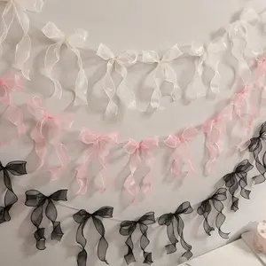 12 Pieces Pink Bow Ribbon Garland Banners, Suitable For Birthday Decorations, Baby Baptism Decorations, Bridal Wedding Party, Bachelorette Party Supplies, Theme Party Decorations, Pink Bows For Home Decoration, Party And Wedding Decorations