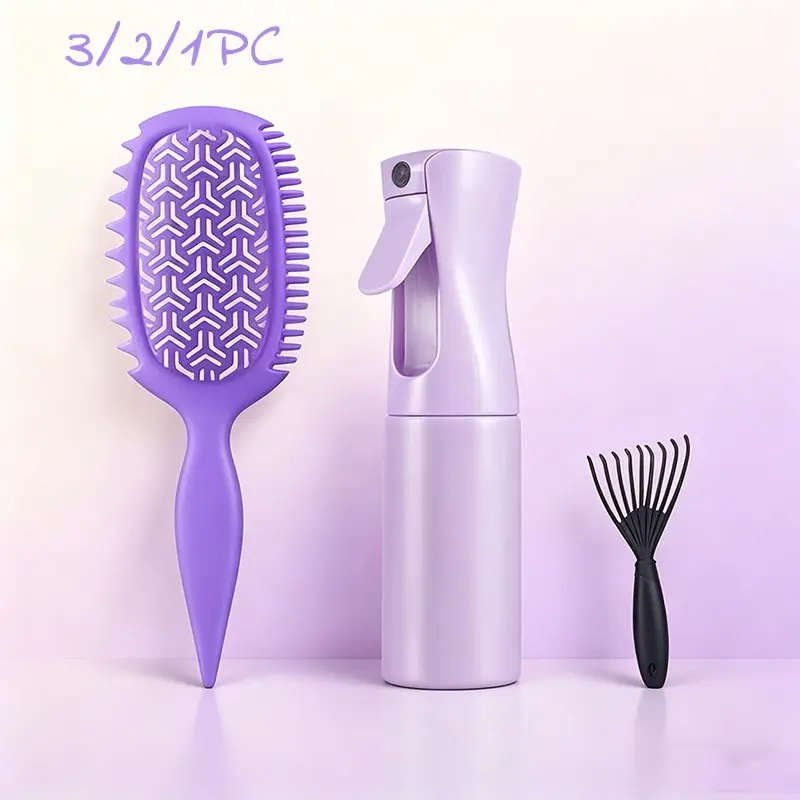 💜 3Pc Purple Curly Hair Styling Set with Spray Bottle, 【Curl Defining Brush】 and Hair Pick for Wet and Dry Hair, 【Refresh Curls】, 【Add Root Volume】, Great for 【Wavy, Curly and Natural Hair】, Hair Tools