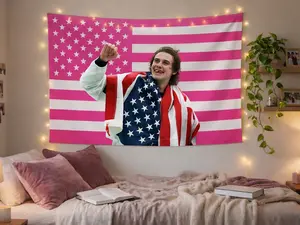 J3ck Hugh3s Pink USA Flag, Golden Goal Overtime Winner Hockey American Flag Tapestry Dorm Frat Wall Decor