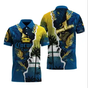 Corona Extra Inspired Tropical Torn Paper Polo Shirt – Blue & Yellow Palm Leaf Beach Graphic Performance Polo, Summer Beer Theme Short Sleeve Golf Shirt, Breathable Athletic Casual Top for Men, Vacation Party Outfit, Beer Lover Gift