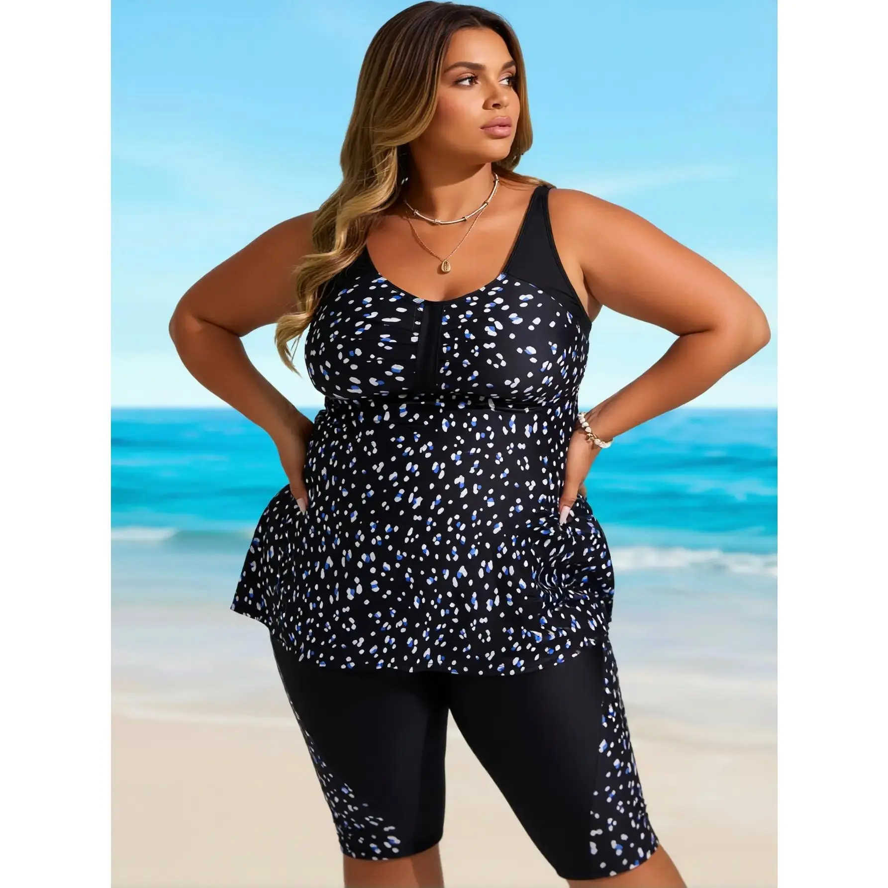 Women's Plus Size Black Dot Tankini  - Two-Piece Swimwear with Capri Leggings for Beach Pool Vacation set Flattering Tummy Control Racerback Tankini with Boy Shorts - Ideal for Beach Days, Pool Parties & Family Vacations|